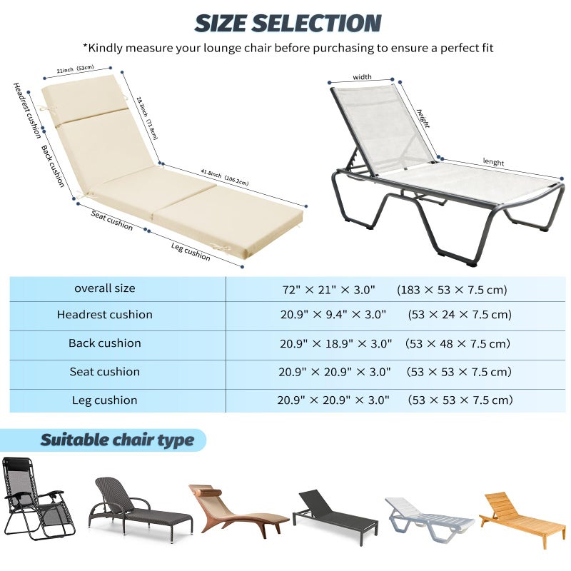 VOGVOG 2 Pcs Outdoor Chaise Lounge Cushion 72" x 21" x 3", 4-Section Folding Patio Lounge Chair Cushion with Ties, Waterproof & Fade Resistant Replacement Cushion for Pool, Patio, Deck (Beige, 2 Pcs) - Image 3