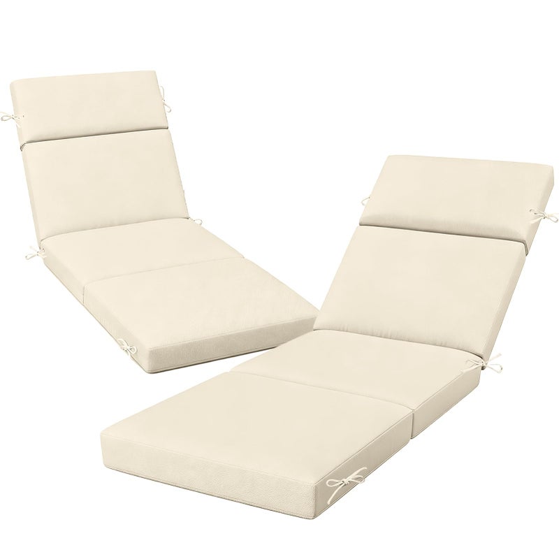 VOGVOG 2 Pcs Outdoor Chaise Lounge Cushion 72" x 21" x 3", 4-Section Folding Patio Lounge Chair Cushion with Ties, Waterproof & Fade Resistant Replacement Cushion for Pool, Patio, Deck (Beige, 2 Pcs) - Image 1