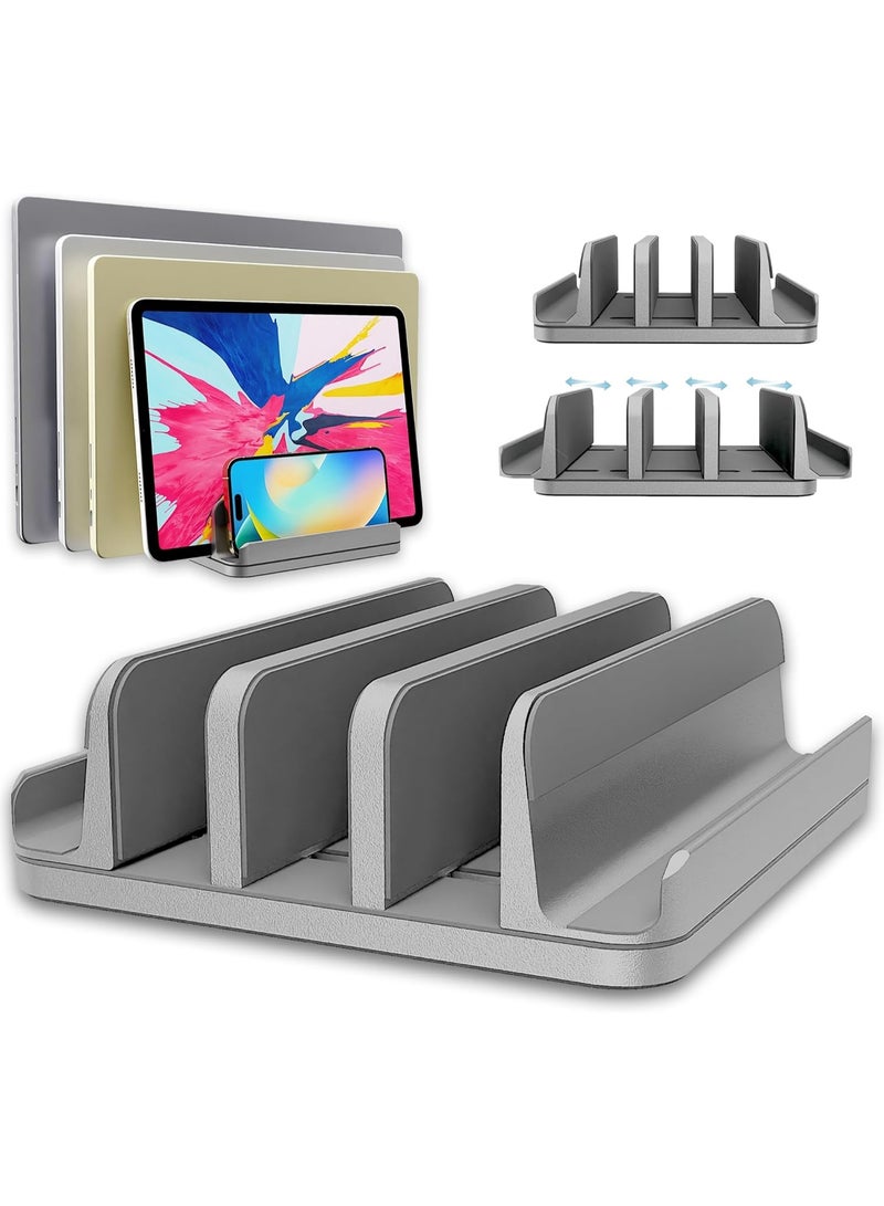 Vertical Laptop Stand Holder 5 Slots, Aluminum Space-Saving Laptop Holder, Adjustable Size Dock Tabletop Desk Organizer 3 Slot + 2 for Apple MacBook/Surface/PC/Tablet/iPad/iPhone (Space Gray) - Image 1