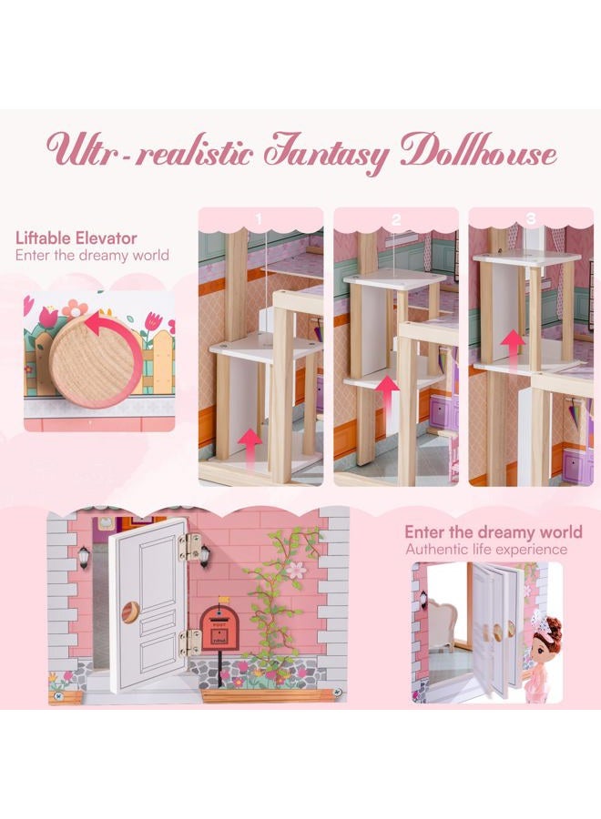 ROBUD Wooden Dollhouse, Doll House Playset with 24-pcs Exquisite Accessories, Working Elevator, Gift for Ages 3+ - Image 3