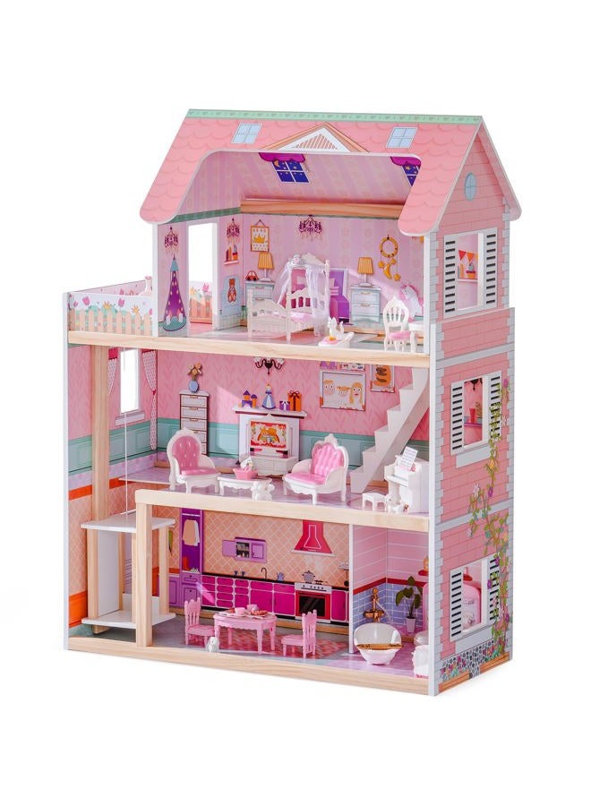 ROBUD Wooden Dollhouse, Doll House Playset with 24-pcs Exquisite Accessories, Working Elevator, Gift for Ages 3+ - Image 1