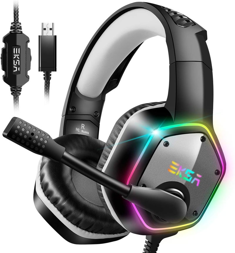 EKSA E1000 USB Gaming Headset for PC, Computer Headphones with Microphone/Mic Noise Cancelling, 7.1 Surround Sound, RGB Light - Wired Headphones for PS4, PS5 Console, Laptop, Call Center - Image 1