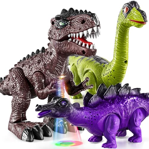 TEMI 3 Pack Electrical Walking Dinosaur Toys for Toddlers 34 35 Years with Sound and Light Up Toddler Robot Dinosaur Brachiosaurus Stegosaurus Dinosaur Figures for Kids - Image 1