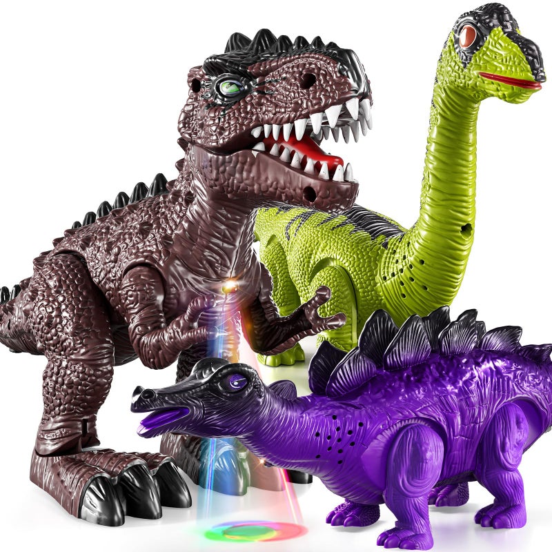 TEMI 3 Pack Electrical Walking Dinosaur Toys for Toddlers 34 35 Years with Sound and Light Up Toddler Robot Dinosaur Brachiosaurus Stegosaurus Dinosaur Figures for Kids - Image 2
