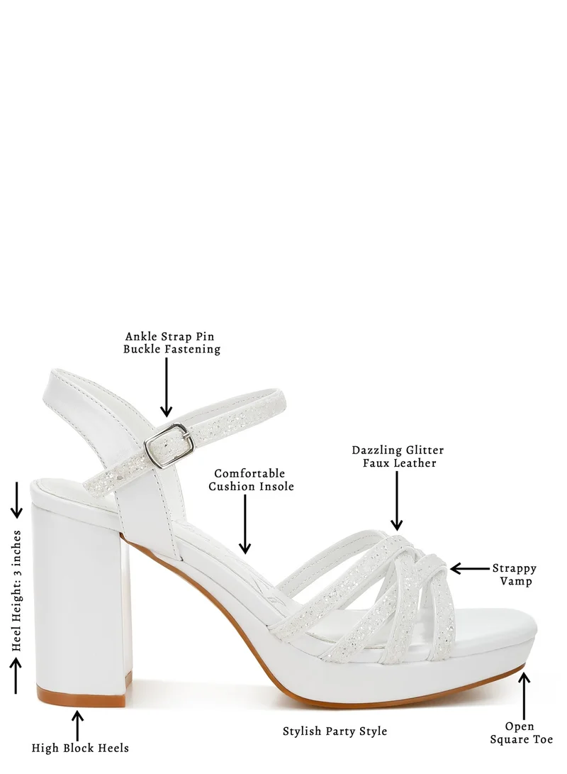White Glitter Strappy Block Sandals