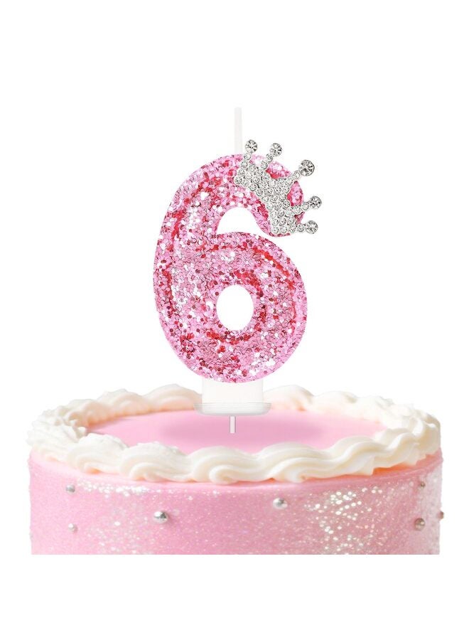 Birthday Number Candles,Pink Crown Birthday Candles for Cake,Glitter Number 6 Candle Cake Topper with Sequins for Girls,Women, Anniversary Celebrations Supplies (Pink 6) - Image 1