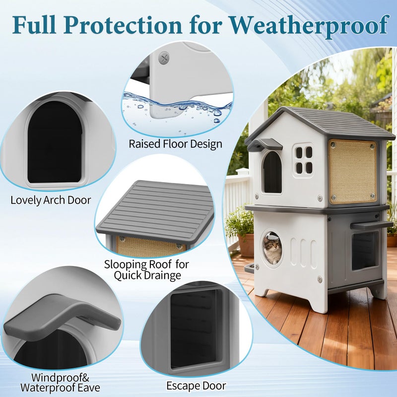 Deblue Cat House Outdoor Weatherpoof Plastic Cats Houses with Elevated Cat Bowls, Cat Scratch Pads and Escape Door, 2-Story Indoor Waterproof Feral/Pet Cat Shelter Outside for Multiple Cats, Grey - Image 5