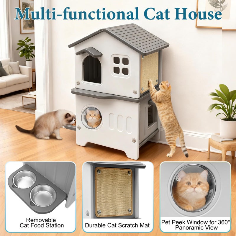 Deblue Cat House Outdoor Weatherpoof Plastic Cats Houses with Elevated Cat Bowls, Cat Scratch Pads and Escape Door, 2-Story Indoor Waterproof Feral/Pet Cat Shelter Outside for Multiple Cats, Grey - Image 4