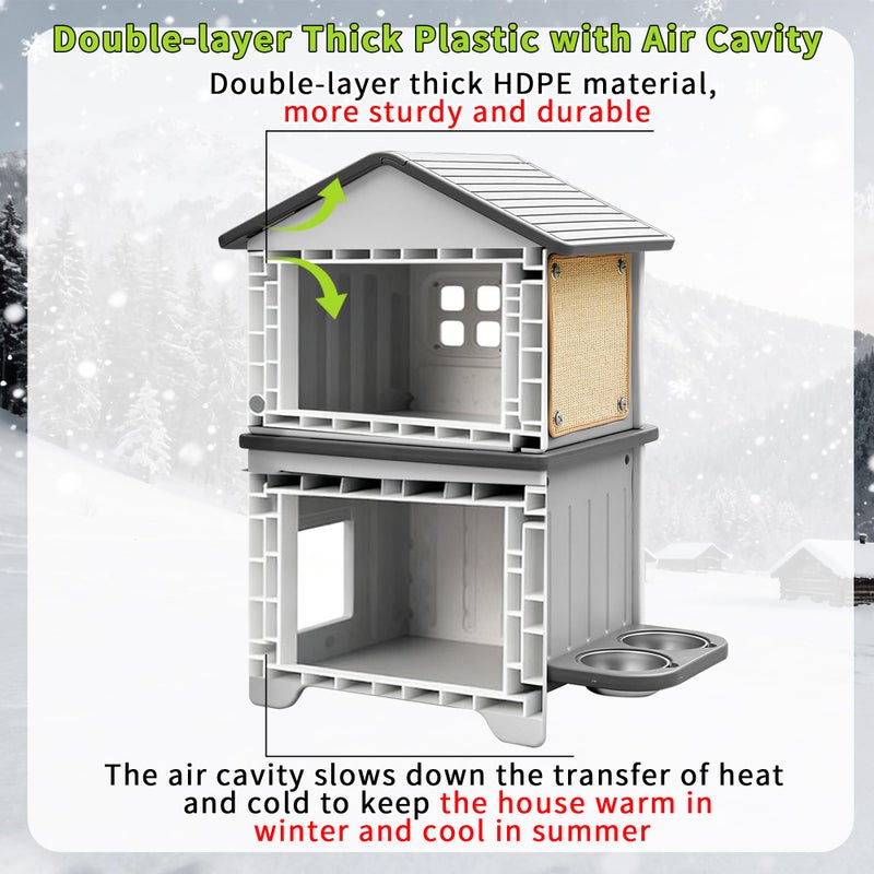 Deblue Cat House Outdoor Weatherpoof Plastic Cats Houses with Elevated Cat Bowls, Cat Scratch Pads and Escape Door, 2-Story Indoor Waterproof Feral/Pet Cat Shelter Outside for Multiple Cats, Grey - Image 3