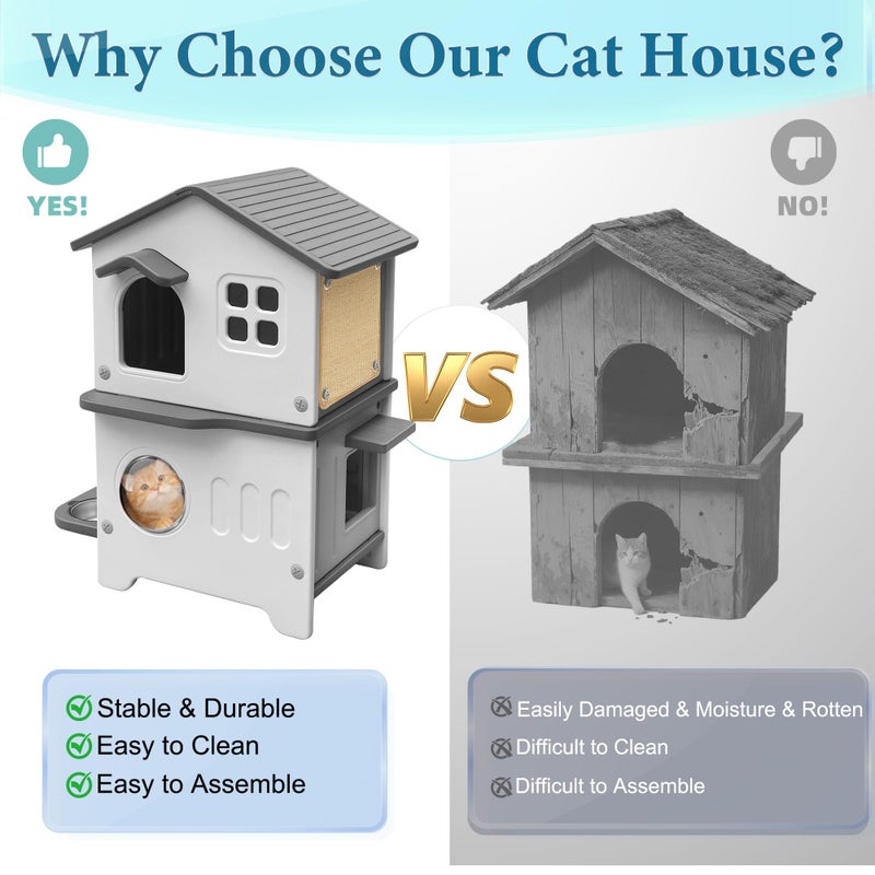Deblue Cat House Outdoor Weatherpoof Plastic Cats Houses with Elevated Cat Bowls, Cat Scratch Pads and Escape Door, 2-Story Indoor Waterproof Feral/Pet Cat Shelter Outside for Multiple Cats, Grey - Image 2
