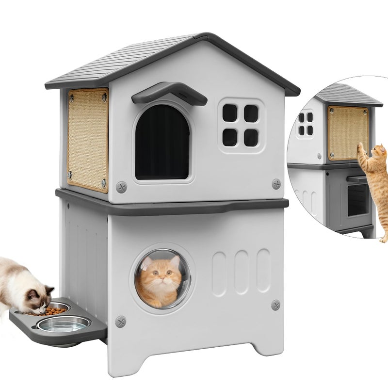 Deblue Cat House Outdoor Weatherpoof Plastic Cats Houses with Elevated Cat Bowls, Cat Scratch Pads and Escape Door, 2-Story Indoor Waterproof Feral/Pet Cat Shelter Outside for Multiple Cats, Grey - Image 1