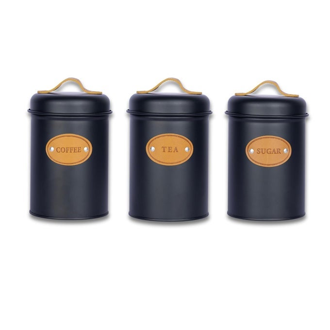 COFFEE CANISTER CHAI SUGAR DABBA CONDIMENT SHAPE AIRTIGHT COFFEE BEANS ELEGANT TEA ORGANIZER METAL KITCHEN STORAGE CONTAINER BOX SET OF 3 D2_BLACK