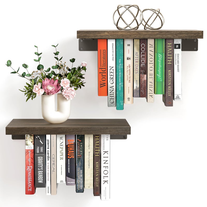 NANATI 2 Set of Floating Bookshelf with Super LoadBear Shelf Brackets Paulownia Wood Invisible Bookshelf Hanging Bookshelves for Wall Unique Space Saving Wall Bookcase