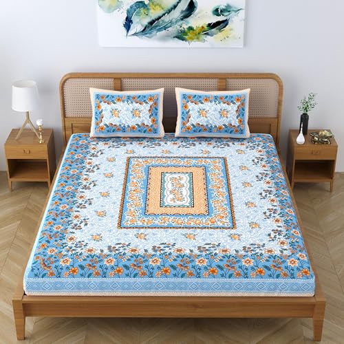 SheetKart Pure Cotton Jaipuri Floral Printed Double Bedsheet King Size with 2 Pillow Covers - Sky Blue - Image 5