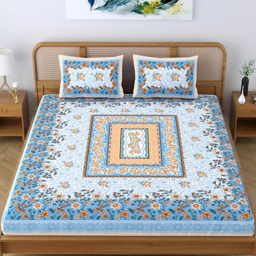 SheetKart Pure Cotton Jaipuri Floral Printed Double Bedsheet King Size with 2 Pillow Covers - Sky Blue - Image 2