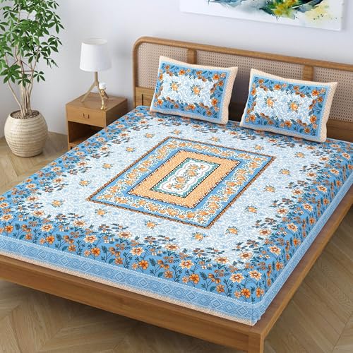SheetKart Pure Cotton Jaipuri Floral Printed Double Bedsheet King Size with 2 Pillow Covers - Sky Blue - Image 3