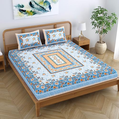 SheetKart Pure Cotton Jaipuri Floral Printed Double Bedsheet King Size with 2 Pillow Covers - Sky Blue - Image 4
