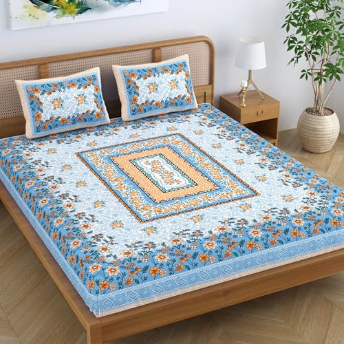 SheetKart Pure Cotton Jaipuri Floral Printed Double Bedsheet King Size with 2 Pillow Covers - Sky Blue - Image 1