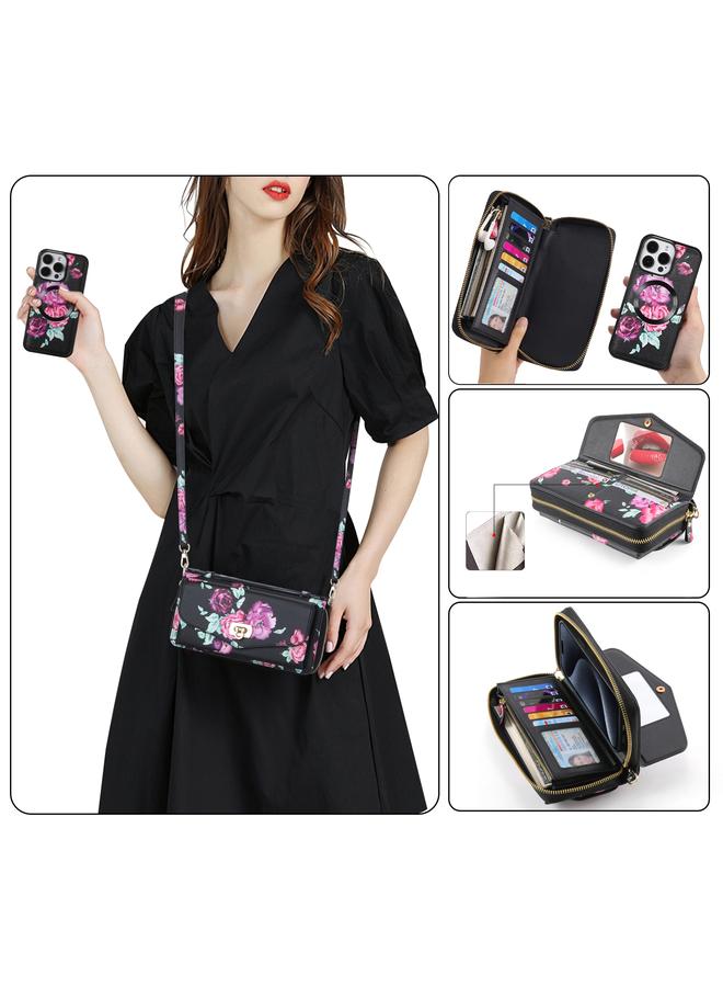 اس-توب جراب هاتف iPhone 15 Pro Max متعدد الوظائف على شكل زهرة، جراب هاتف جلدي بسحاب مع محفظة MagSafe - Image 5