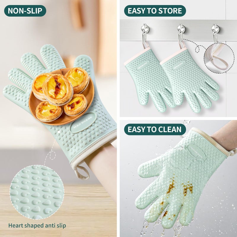 MAD SHARK Silicone Oven Mitts Heat Resistant 450 Degrees,Waterproof & Non-Slip Oven Gloves with Fingers,Cotton Lined Silicone Oven Gloves Kitchen Mitts for Baking Cooking Barbecue,Women (Green) - Image 4