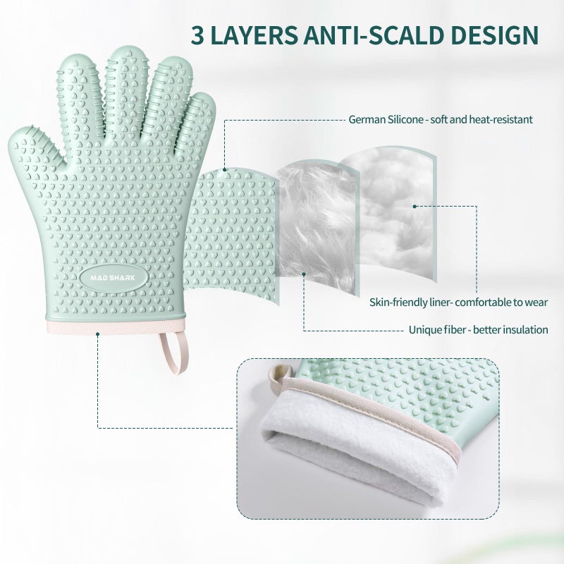 MAD SHARK Silicone Oven Mitts Heat Resistant 450 Degrees,Waterproof & Non-Slip Oven Gloves with Fingers,Cotton Lined Silicone Oven Gloves Kitchen Mitts for Baking Cooking Barbecue,Women (Green) - Image 5