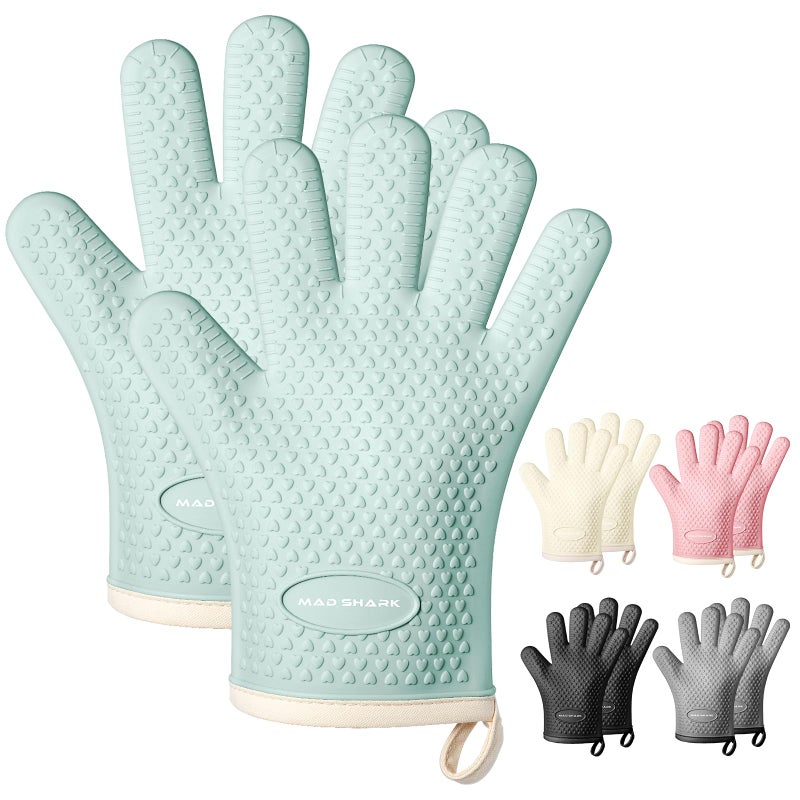 MAD SHARK Silicone Oven Mitts Heat Resistant 450 Degrees,Waterproof & Non-Slip Oven Gloves with Fingers,Cotton Lined Silicone Oven Gloves Kitchen Mitts for Baking Cooking Barbecue,Women (Green) - Image 1
