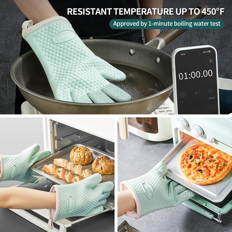 MAD SHARK Silicone Oven Mitts Heat Resistant 450 Degrees,Waterproof & Non-Slip Oven Gloves with Fingers,Cotton Lined Silicone Oven Gloves Kitchen Mitts for Baking Cooking Barbecue,Women (Green) - Image 2