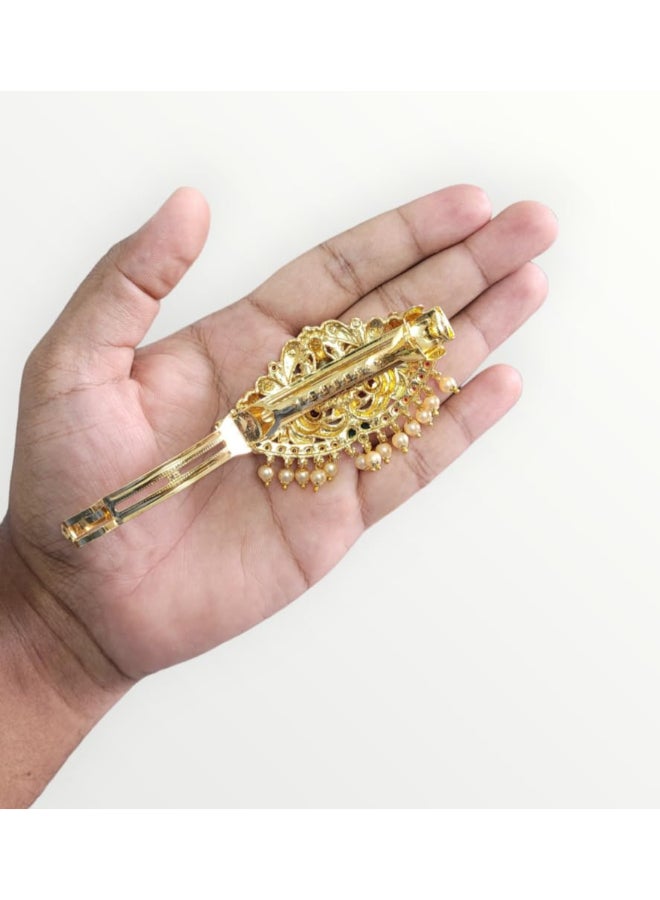 ARNAVIRA Gold Finish Traditional Temple Design Hair Clip Barrette For Women and Girl Bridal Wedding Gold Glossy Design 04 - Image 3