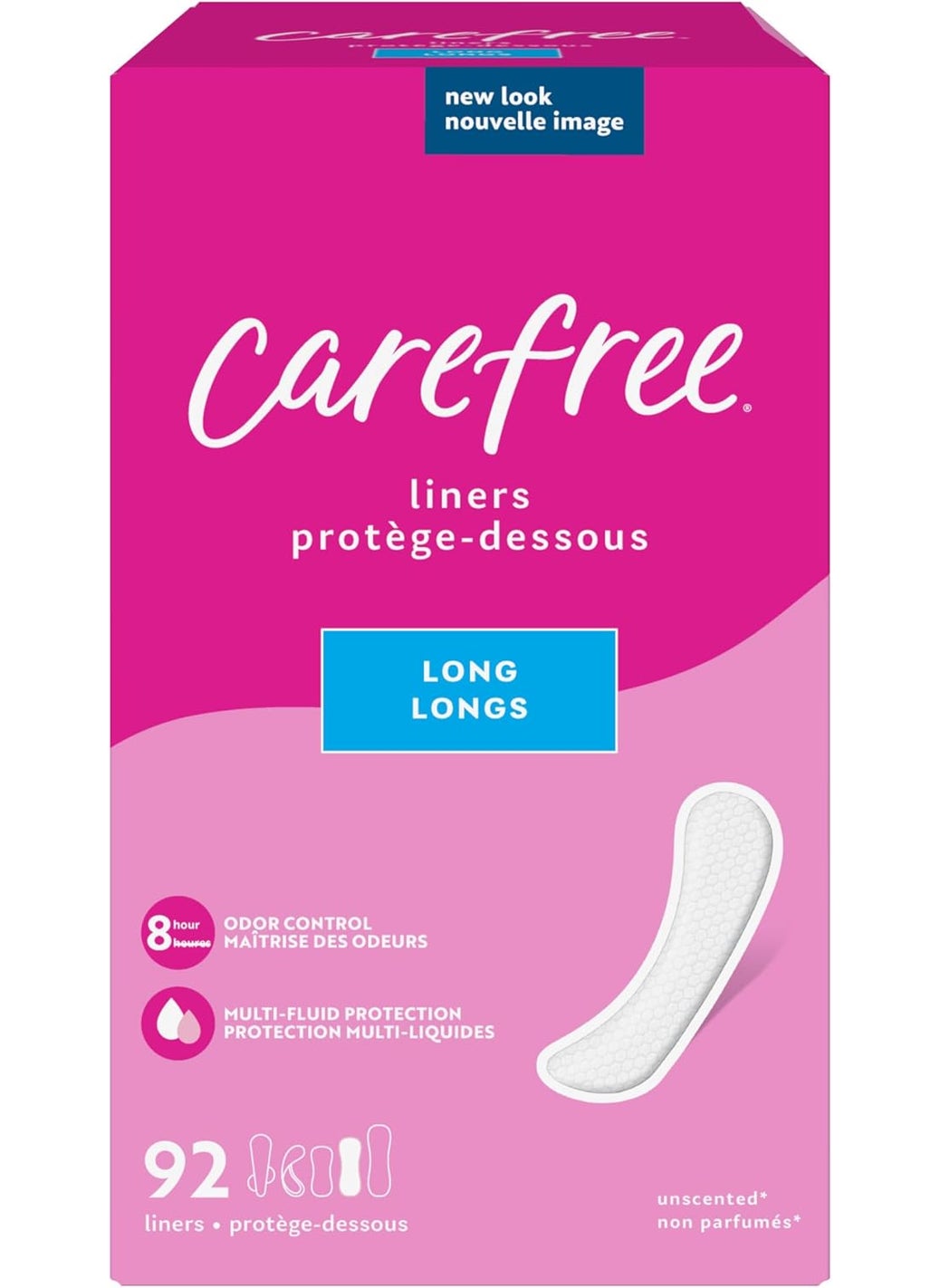 Carefree Carefree Panty Liners for Women, Long, Unwrapped, Unscented, 92ct | Pantiliners, Carefree Liners, Daily Liners for Women, Light Periods and Leaks, 8-Hour Odor Control | 92ct (Packaging May Vary) 