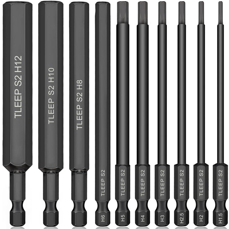 TLEEP 10 x Long 100MM 1/4 Inch Hex Head Allen Wrench Drill Bits, Big 12mm to Small 1.5mm, Metric, S2 Steel Magnetic Tips Screwdriver Socket Bit Set for Ikea Type Furniture, Black - Image 1