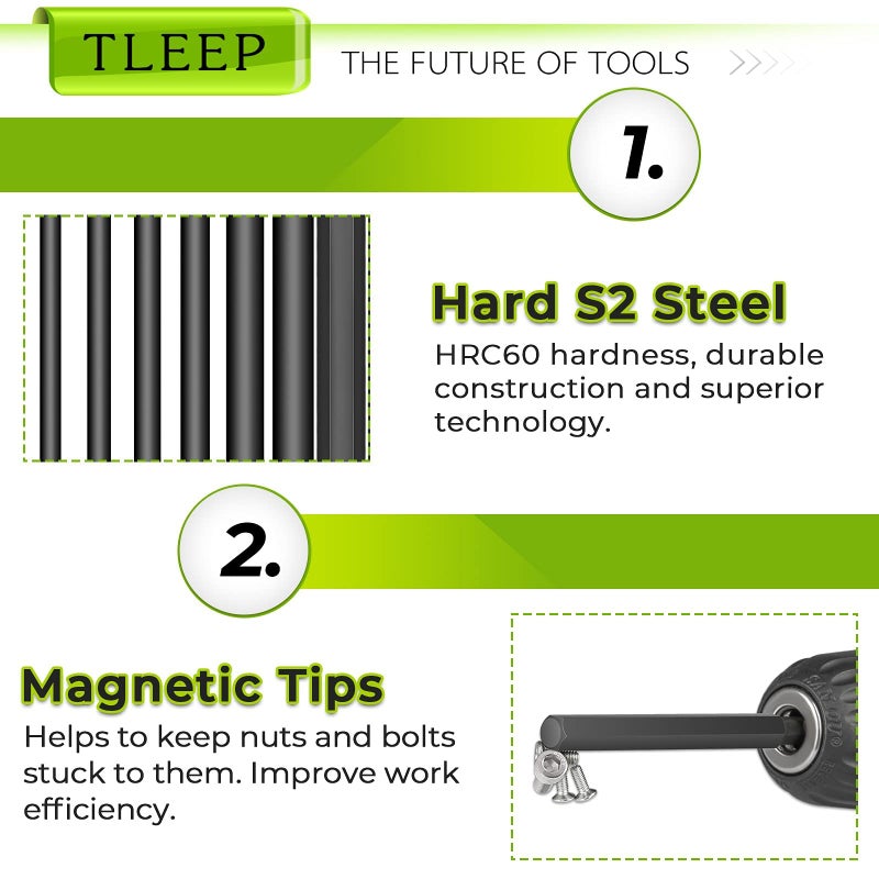 TLEEP 10 x Long 100MM 1/4 Inch Hex Head Allen Wrench Drill Bits, Big 12mm to Small 1.5mm, Metric, S2 Steel Magnetic Tips Screwdriver Socket Bit Set for Ikea Type Furniture, Black - Image 4