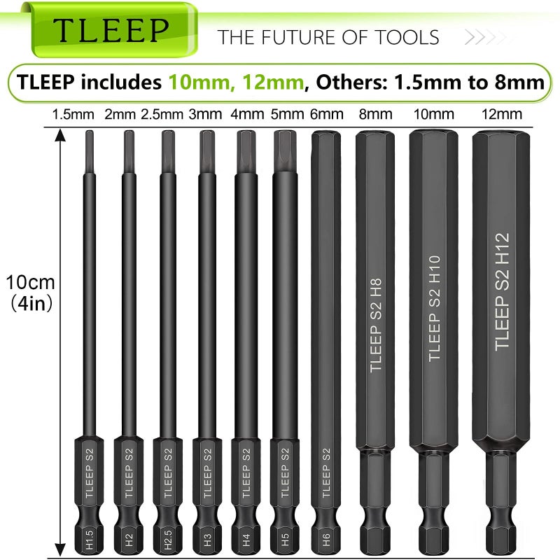 TLEEP 10 x Long 100MM 1/4 Inch Hex Head Allen Wrench Drill Bits, Big 12mm to Small 1.5mm, Metric, S2 Steel Magnetic Tips Screwdriver Socket Bit Set for Ikea Type Furniture, Black - Image 3