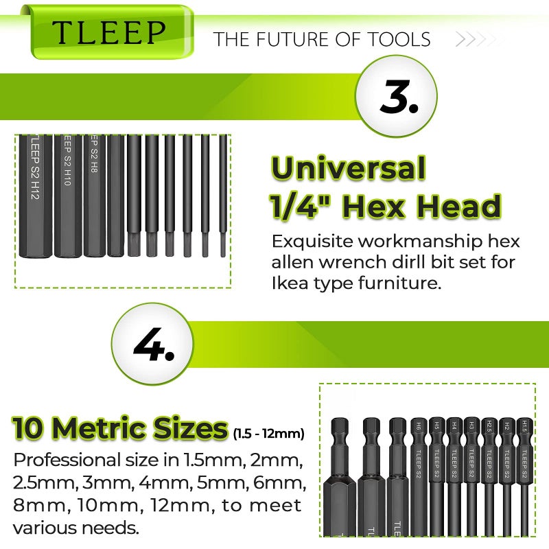 TLEEP 10 x Long 100MM 1/4 Inch Hex Head Allen Wrench Drill Bits, Big 12mm to Small 1.5mm, Metric, S2 Steel Magnetic Tips Screwdriver Socket Bit Set for Ikea Type Furniture, Black - Image 5