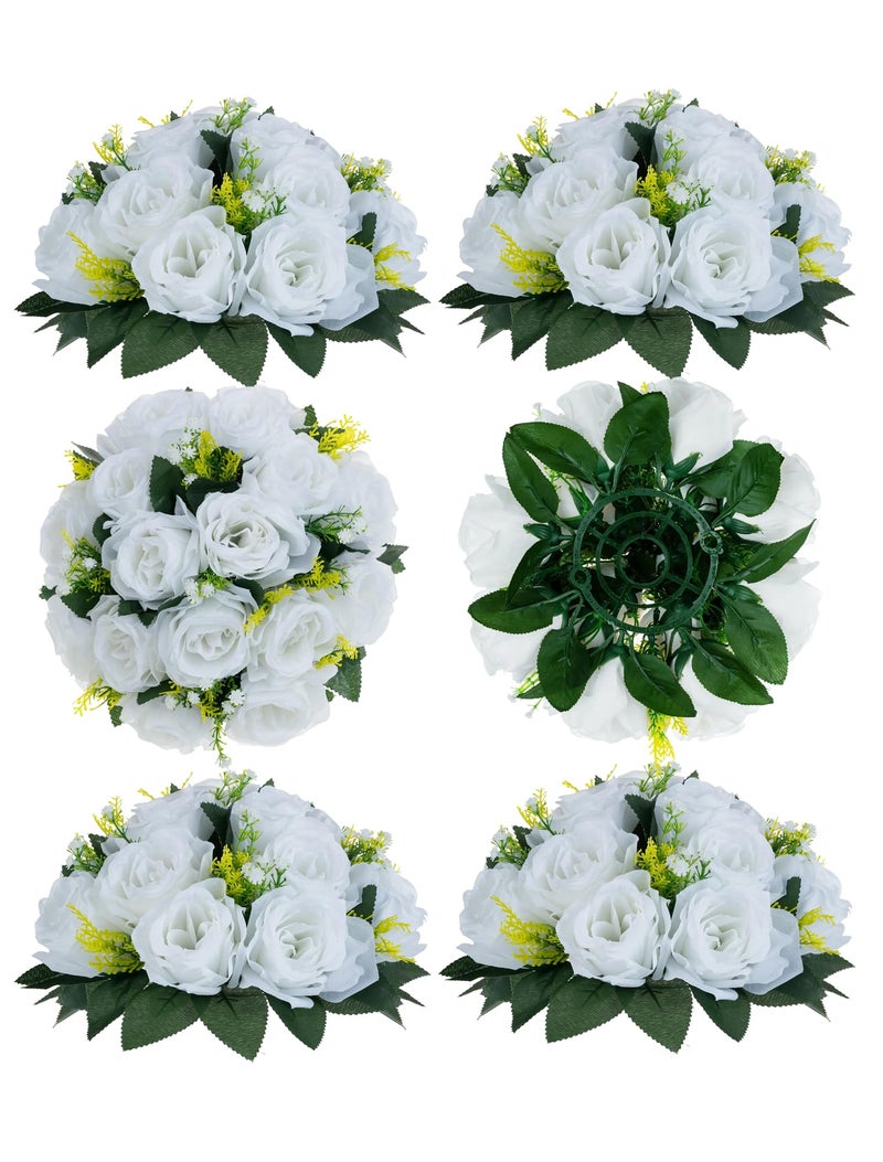 BLOSMON White Fake Flowers Centerpieces 6 Pcs Artificial Roses Flower Ball for Wedding Dinning Table  Faux Silk Kissing Bouquet Floral Arrangement for Home Party Event Decor