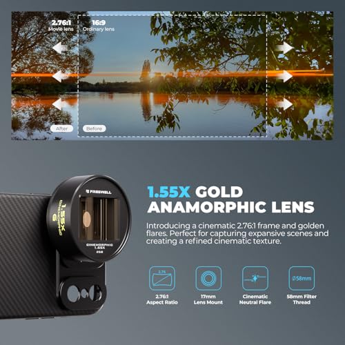 Freewell 155x Gold Anamorphic Lens Compatible with 17mm Mount iPhone Samsung Advanced Smartphone Lens for Wide Cinematic View Golden Flares and Enhanced Video Clarity - Image 3