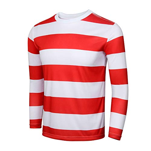 FOCUSOUL Adult Men Red and White Striped Tee Shirt Glasses Hat Outfit Suit Set Halloween Cosplay Costume Party Props (X-Small, Adult Men) - Image 3