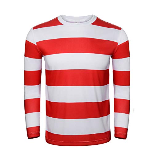 FOCUSOUL Adult Men Red and White Striped Tee Shirt Glasses Hat Outfit Suit Set Halloween Cosplay Costume Party Props (X-Small, Adult Men) - Image 2