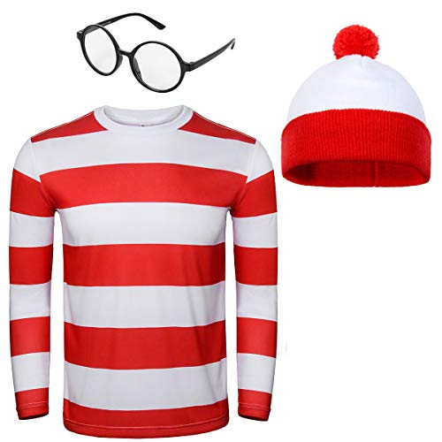 FOCUSOUL Adult Men Red and White Striped Tee Shirt Glasses Hat Outfit Suit Set Halloween Cosplay Costume Party Props (X-Small, Adult Men) - Image 1