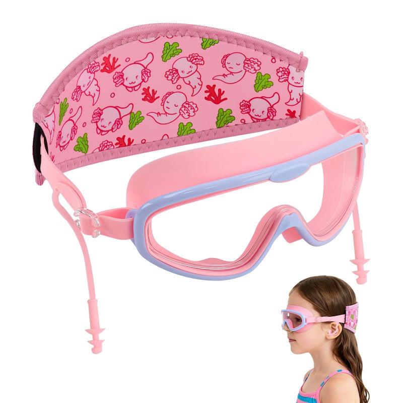 EHZYP Toddler Swim with Axolotl Fabric Strap No Tangle Pain-Free, Anti-Fog Swimming Pool Goggle No Leak for 3-15 YearsToddlers Girls Boysï¼ˆPinkï¼‰ - Image 1