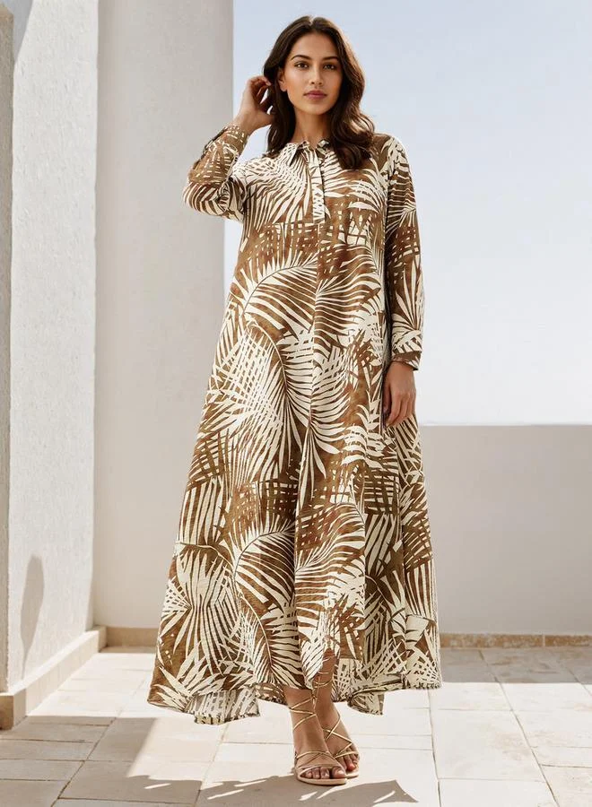 Iconic Iconic Printed Trapeze Maxi Dress with Collar