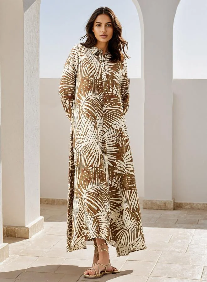 Iconic Iconic Printed Trapeze Maxi Dress with Collar