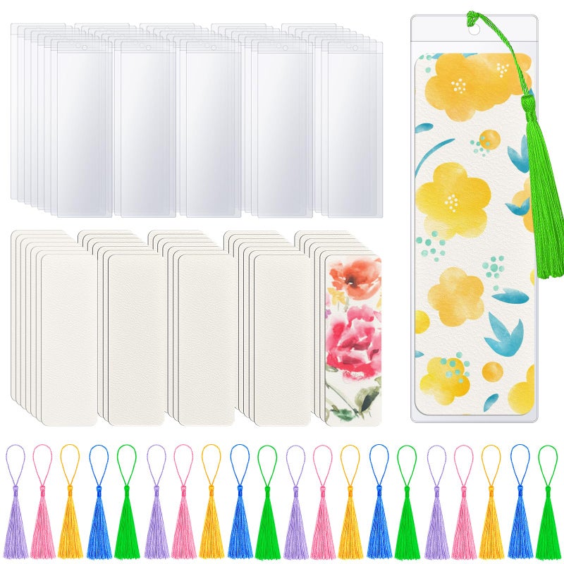 SBYURE 50 Pieces Watercolor Paper Blank Bookmarks with 50 Pieces Colorful Tassels 50 Pack PVC Bookmark Sleeves Watercolor Paper Bookmarks for Classroom Projects Gifts Tags Crafts, 1.9 x 5.9 Inch - Image 1