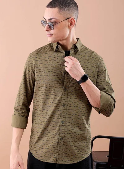 The Indian Garage Co Men Slim Fit Graphic Print Full Sleeves Spread Collar Casual Shirt