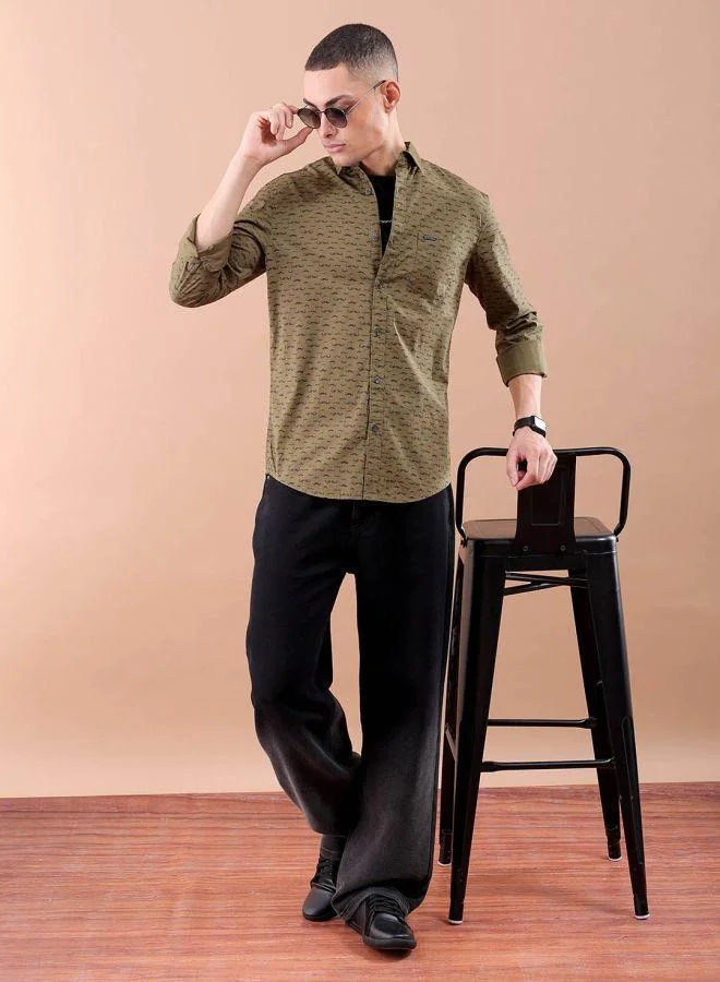 The Indian Garage Co Men Slim Fit Graphic Print Full Sleeves Spread Collar Casual Shirt