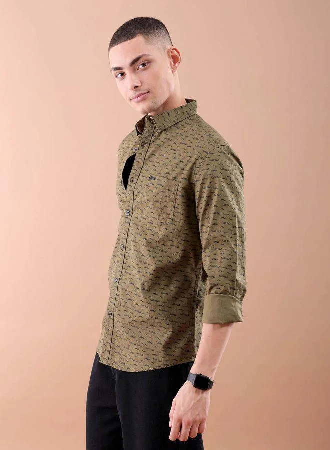 The Indian Garage Co Men Slim Fit Graphic Print Full Sleeves Spread Collar Casual Shirt