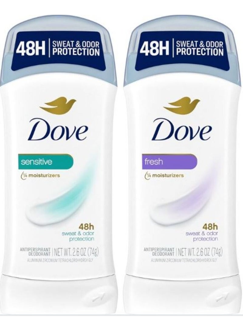 دوف مزيل العرق المضاد للتعرق، ستيك، حماية من العرق والرائحة لمدة 48 ساعة - تركيبة مرطبة، للبشرة الحساسة 74 غرام، وللبشرة المنعشة 74 غرام (عبوتان) - Image 1