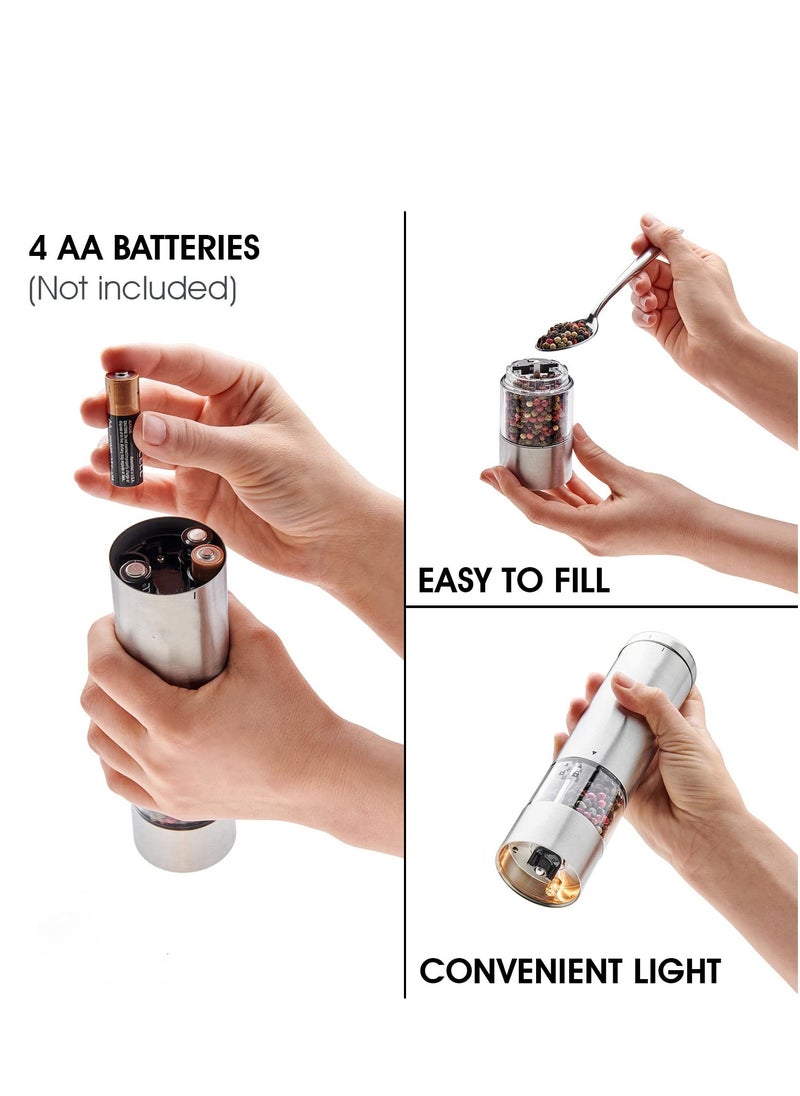 Generic Protable Electric Salt and Pepper Grinder Set Battery Operated Stainless Steel Mill with Light (2 Mills) - Automatic One Handed Operation - Electronic Adjustable Shakers - Coffee Bean Grinders  - Image 4