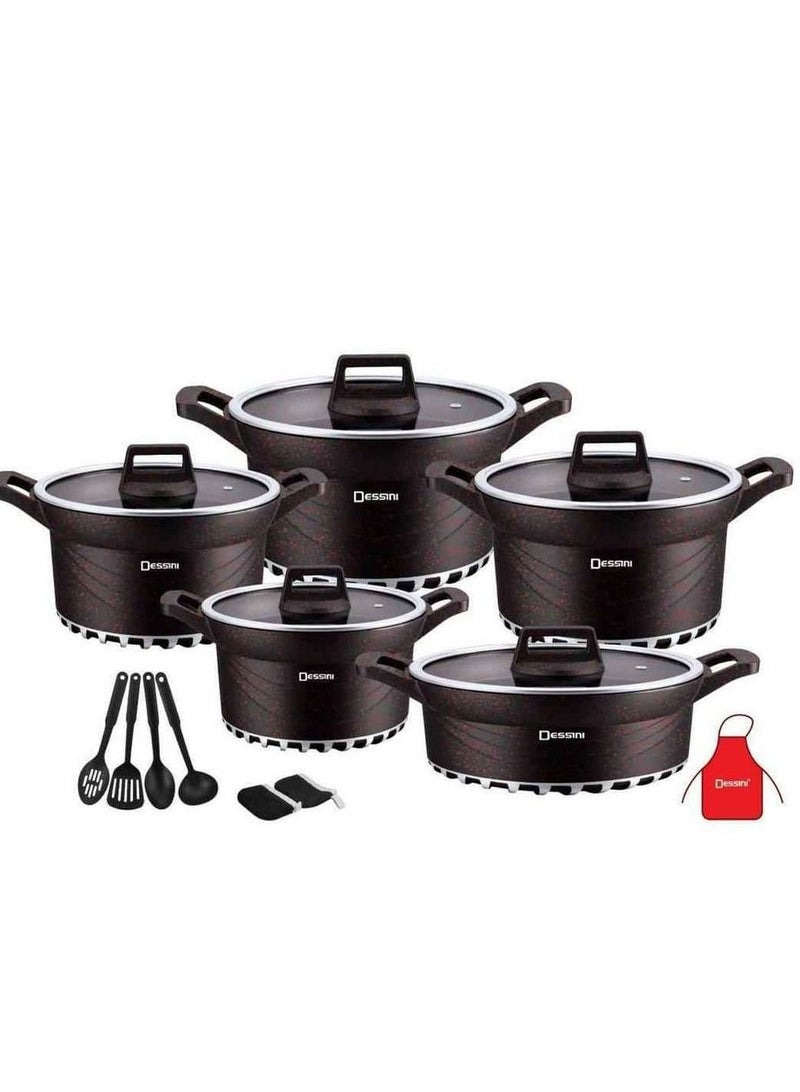 17-Pieces Granite Cookware Set Includes Casserole With Lid 24cm, Casserole With Lid 28cm, Casserole With Lid 32cm, Casserole With Lid 28cm, Shallow Casserole 7xCooking Tools Black/Clear 32cm