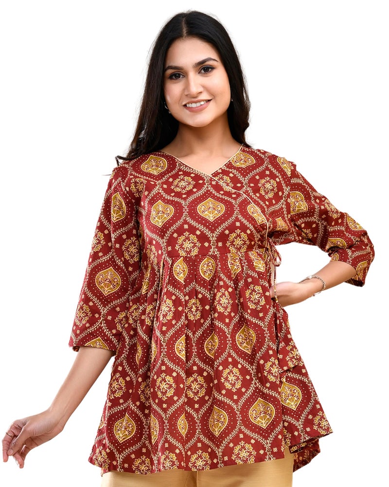 POISED Pure Cotton Floral Printed Angrakha Pleated Short Kurta for Women and Girls | Stylish Regular Fit V Neck 3/4th Sleeves Kurti for Ideal for Festivals, Casual Parties and Everyday Use (Maroon, S) - Image 1