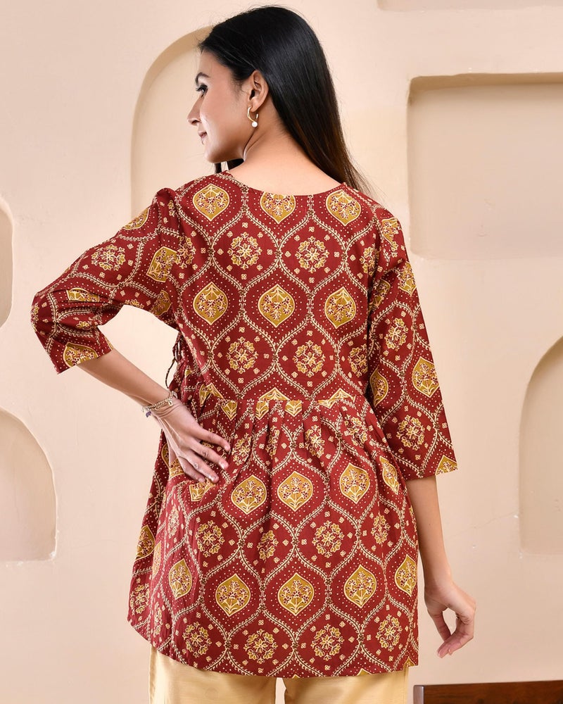 POISED Pure Cotton Floral Printed Angrakha Pleated Short Kurta for Women and Girls | Stylish Regular Fit V Neck 3/4th Sleeves Kurti for Ideal for Festivals, Casual Parties and Everyday Use (Maroon, S) - Image 4